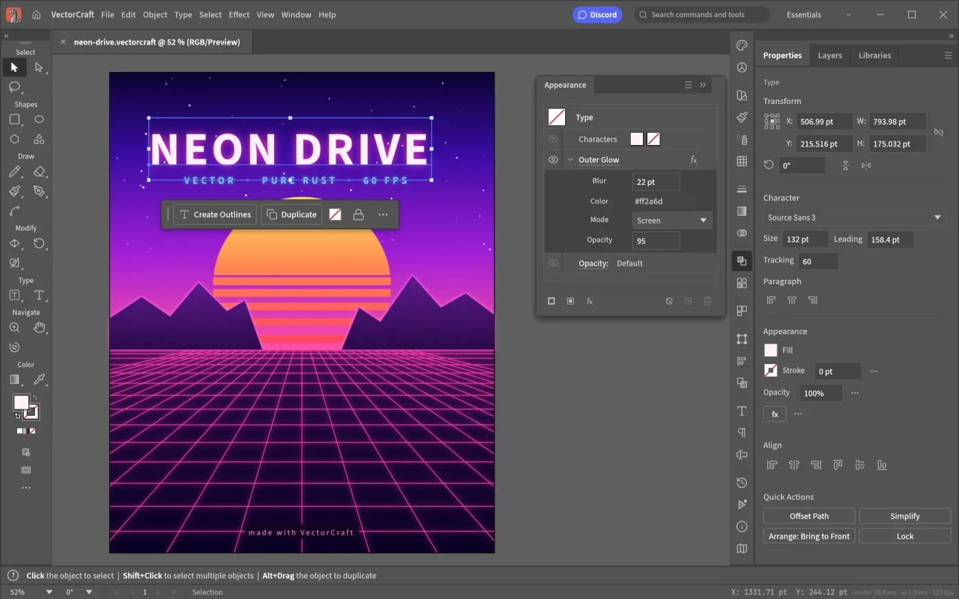 VectorCraft 的“Neon Drive”示例海报:路径查找器切出的太阳、带发光的文字与网格