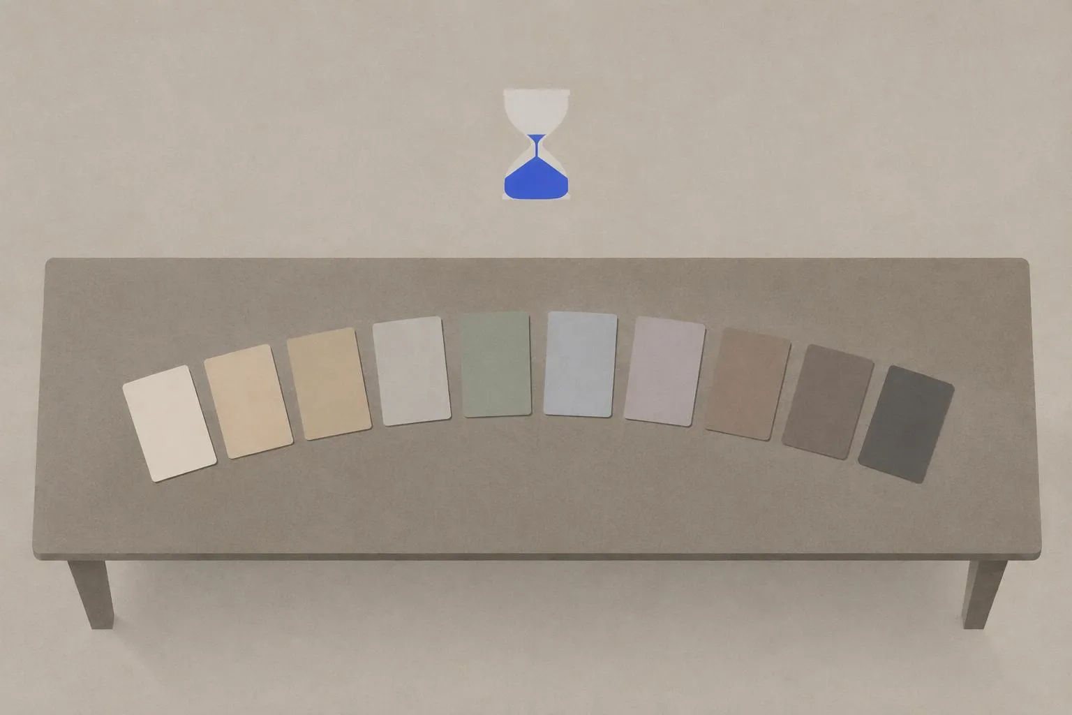 Editorial illustration: ten cards representing different office suites laid side by side on a desk, with a subscription-meter clock above the desk winding down to zero
