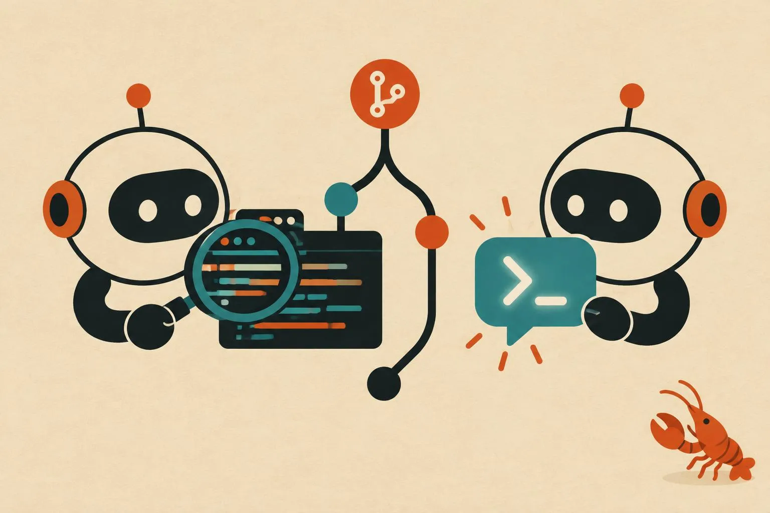 Two round review bots face each other across a git branch: one inspects code with a magnifying glass, the other holds up a prompt bubble, with OpenClaw's red lobster mascot in the corner (cover generated by the editors)