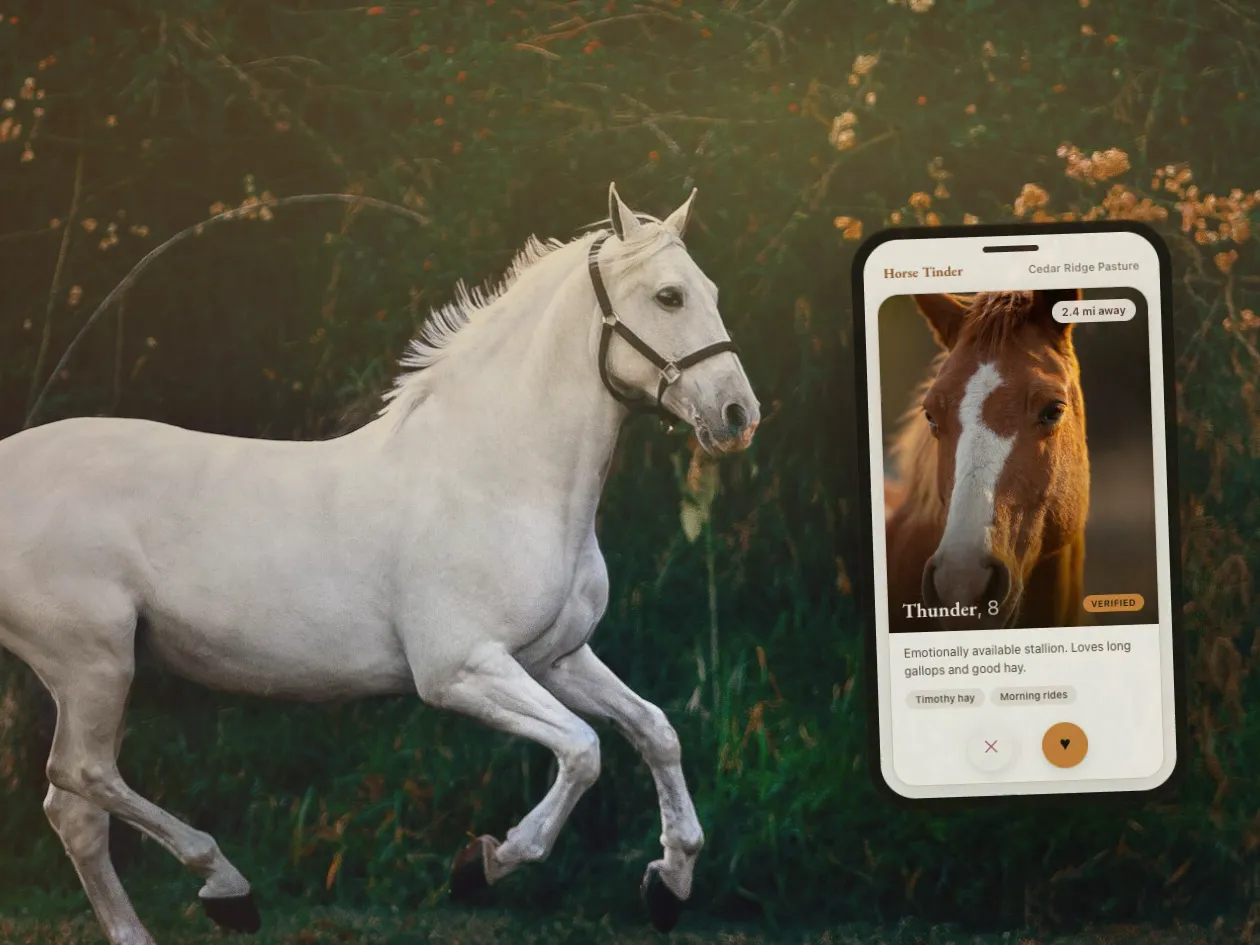 brag 为示例项目 horse-tinder 生成的成片帧：白马奔跑的黄昏画面，右侧叠着 Horse Tinder 应用里的一张马匹资料卡