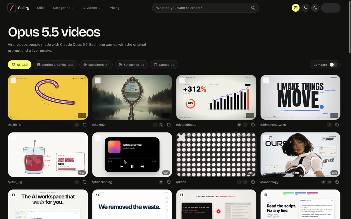Skillry's Opus 5.5 video gallery: a wall of viral video cards filed under Motion graphics, Games, 3D scenes and Explainers