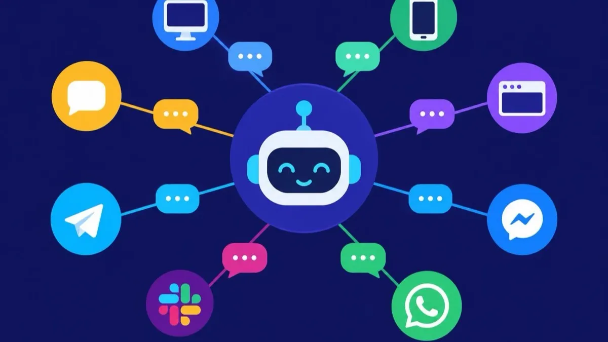 Illustration: a robot head at the center of a hub, eight thin lines radiating out to platform icons for a monitor, phone, browser window and chat apps
