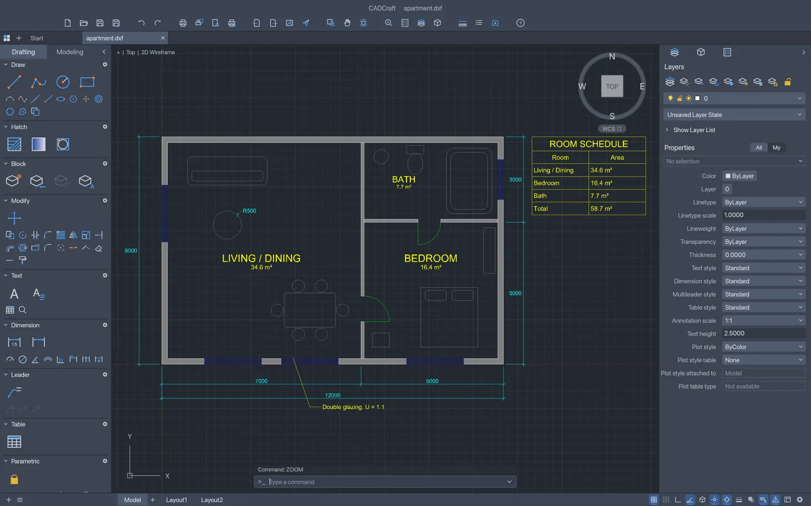 cadcraft's apartment floor-plan example: hatched walls, room names with an area table, a multileader and architectural dimensions, all drawn from commands