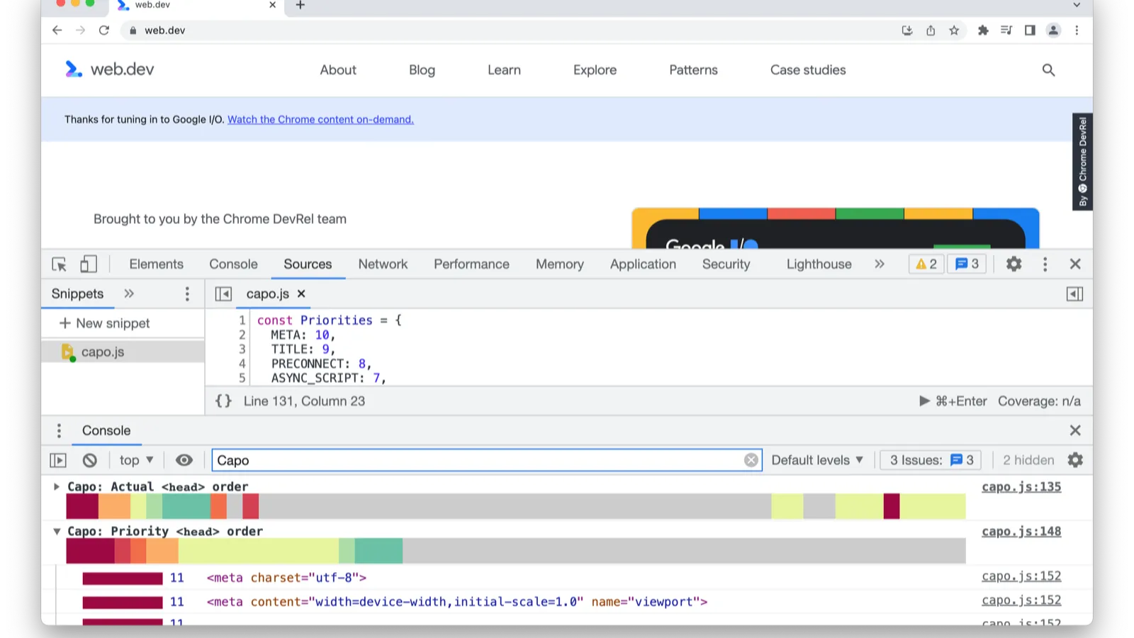 capo.js ordering report in the browser console, each head element color-coded by weight