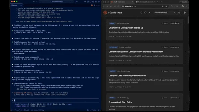 A frame from the claude-mem demo: a Claude Code task list on the left and the claude-mem viewer at localhost:37777 on the right, with observation cards labeled CHANGE, DISCOVERY and FEATURE