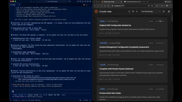 claude-mem demo: Claude Code running a task on the left and the claude-mem viewer on the right, listing observation cards tagged CHANGE, FEATURE and similar types