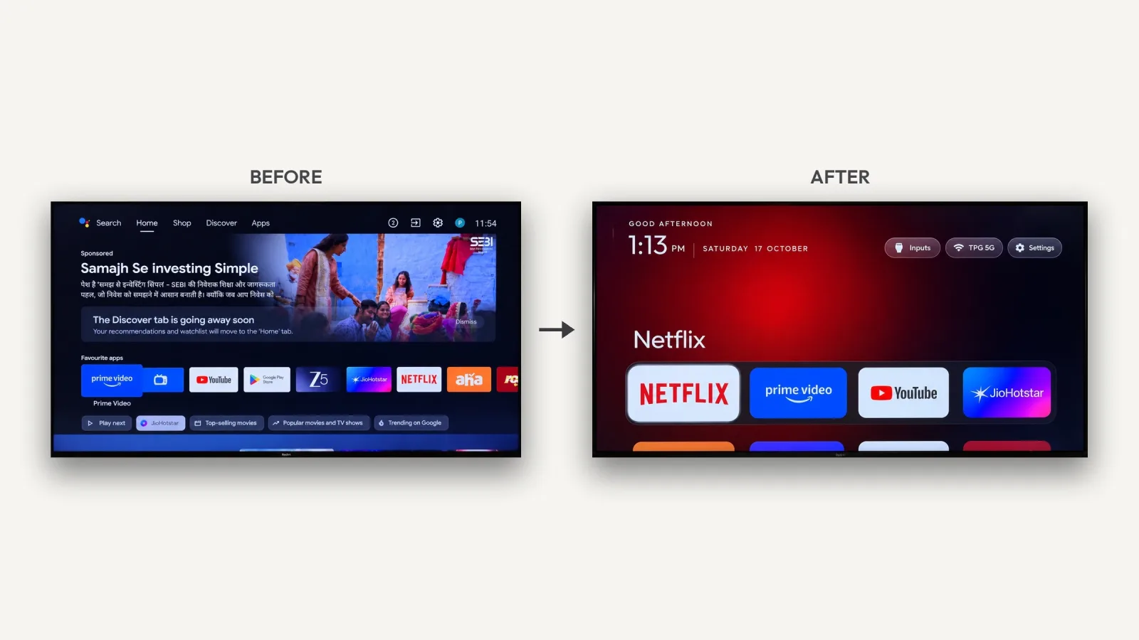 CleanYourTV 改造前后对比：左边是带赞助广告的 Google TV 首页，右边是纯黑背景、四个大图标的 Apple TV 风格桌面