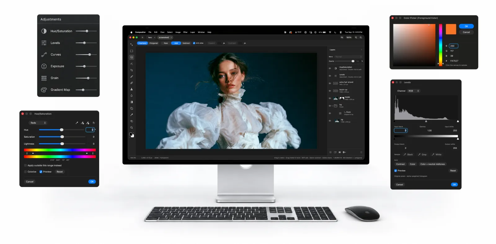 Compositor's editing interface on a Mac with the layers panel on the right