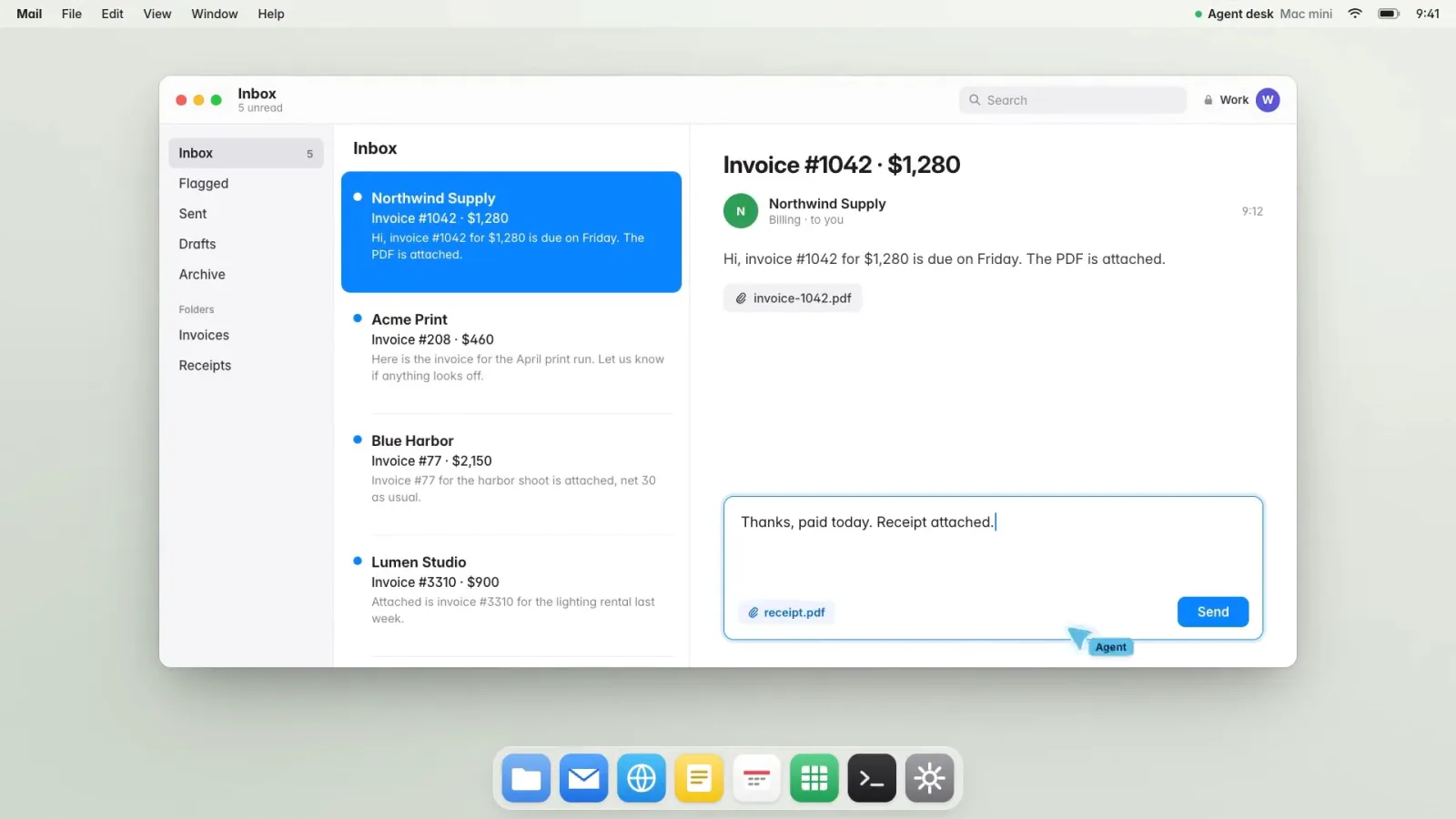 Cua Spaces demo: a cursor labeled Agent types a reply in a Mail window