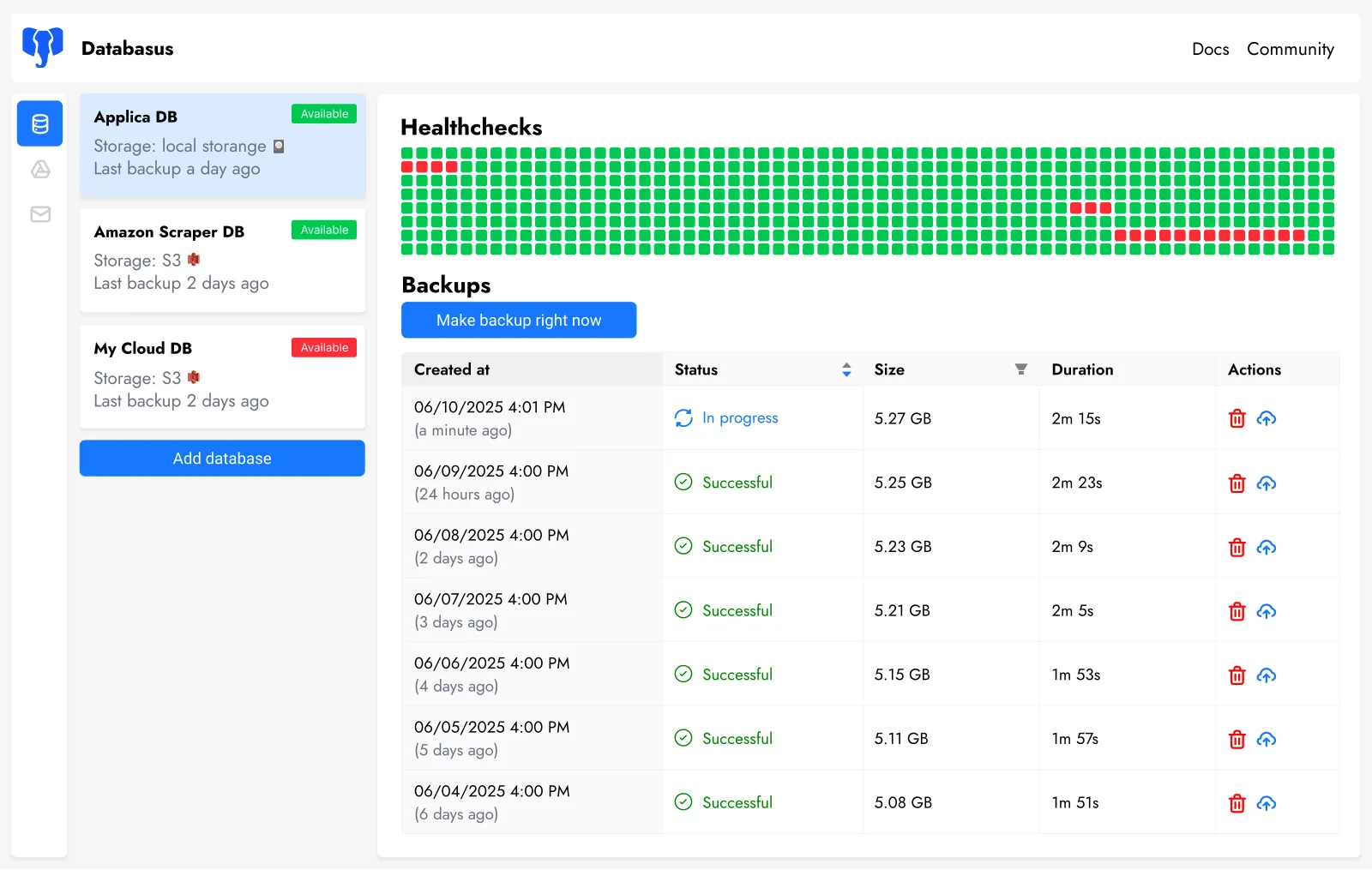 Databasus dashboard: database list, backup schedules and recent task status