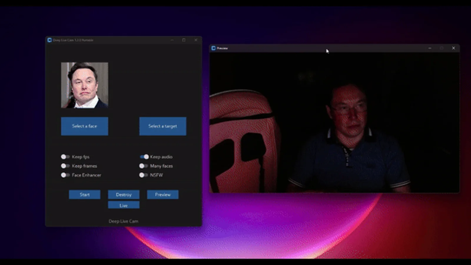 A frame from the Deep-Live-Cam demo: a live camera feed with the face swapped in real time