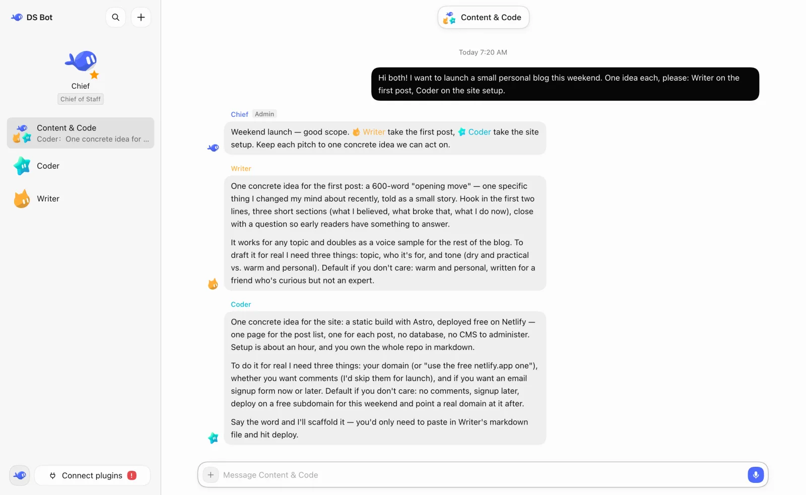 DS Bot group chat: Chief as admin takes the request, and Writer and Coder each reply with one concrete idea