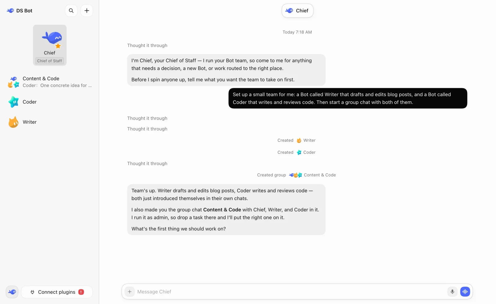 DS Bot setup: one request to Chief creates Writer and Coder bots and a group chat