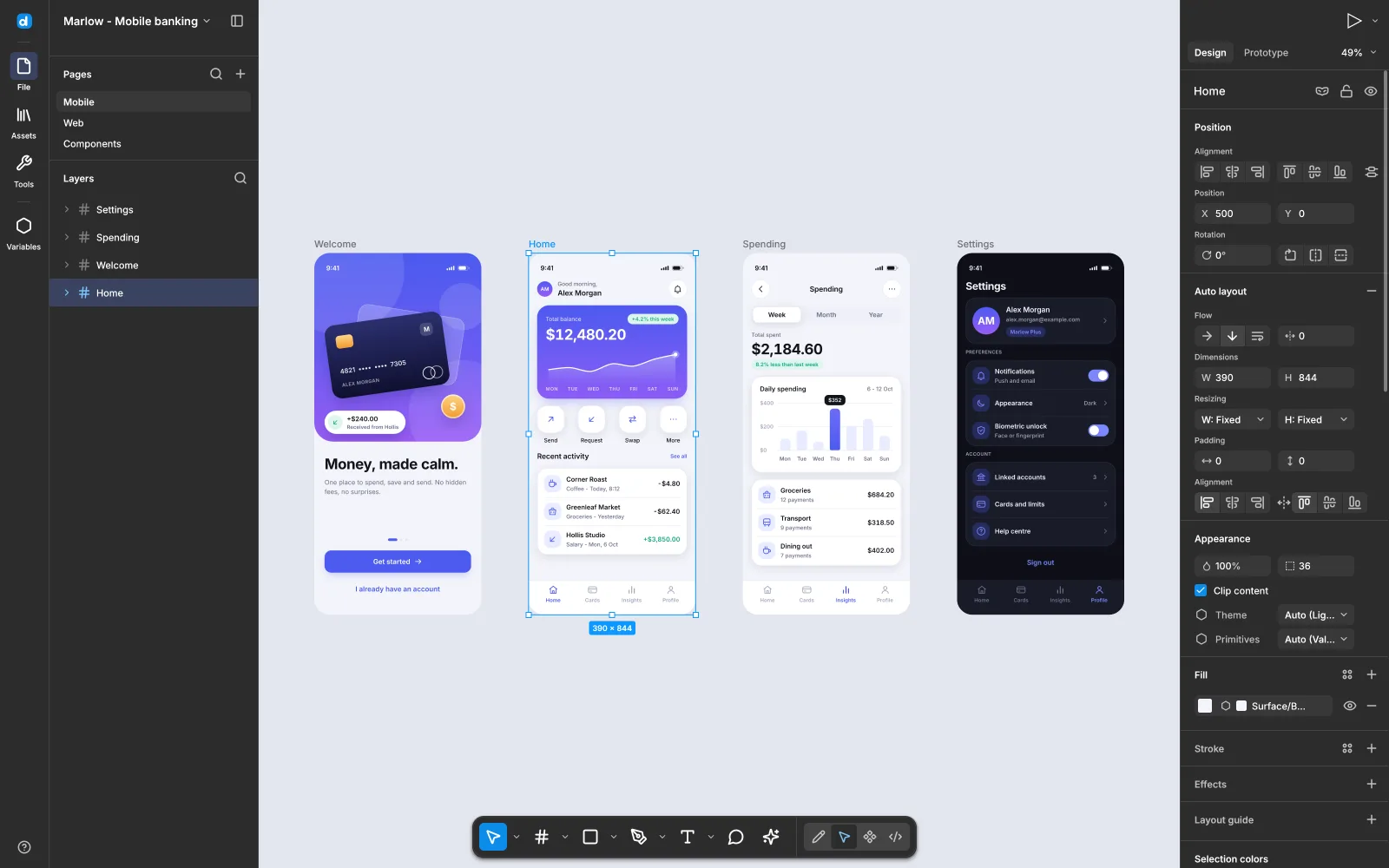 The desigma editor on its showcase file: four 390×844 phone screens in a row, showing welcome, dashboard, spending and a dark settings screen