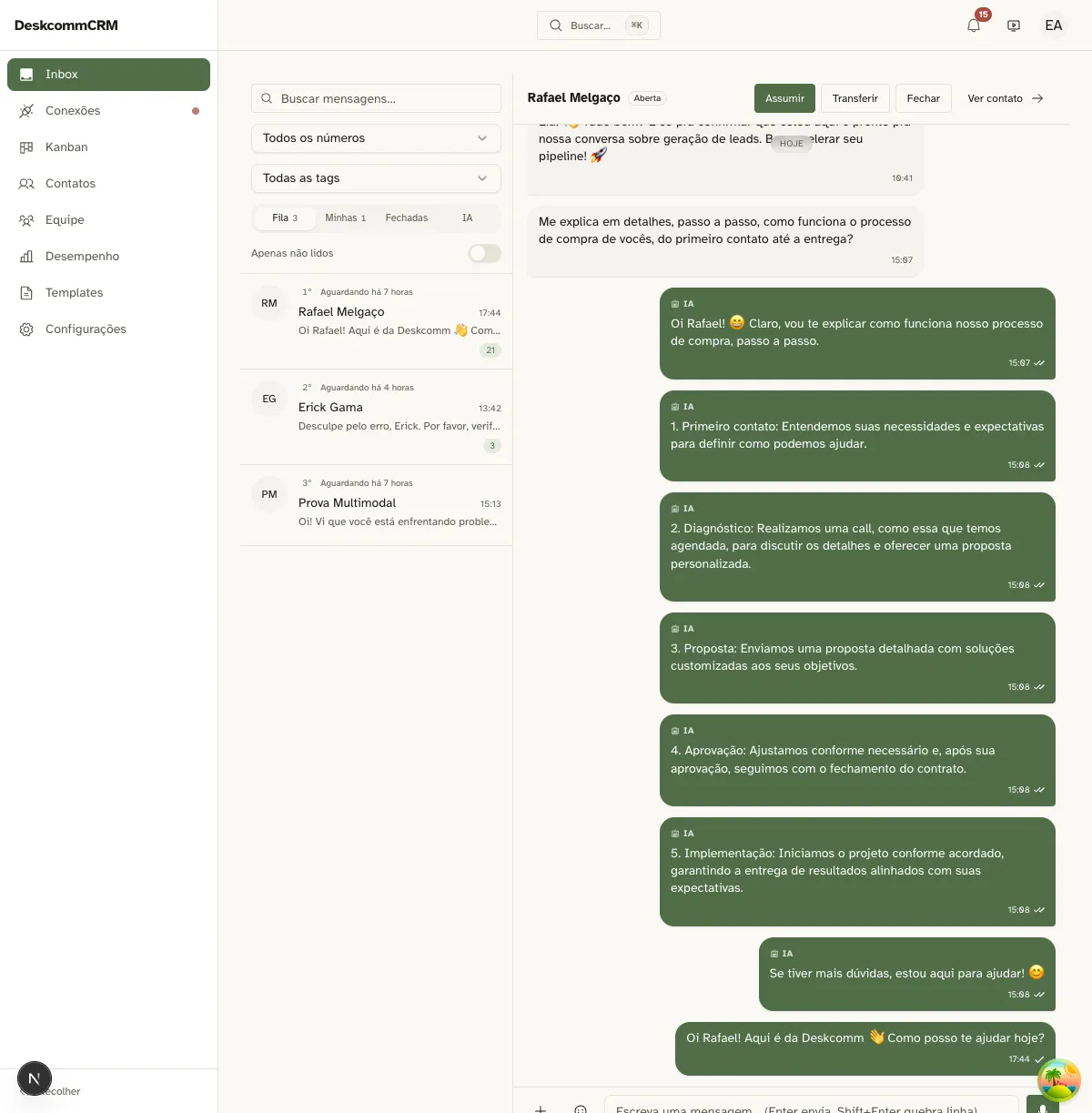 DeskcommCRM inbox: a customer asks about the buying process on WhatsApp and the replies marked IA come from the AI agent, step by step