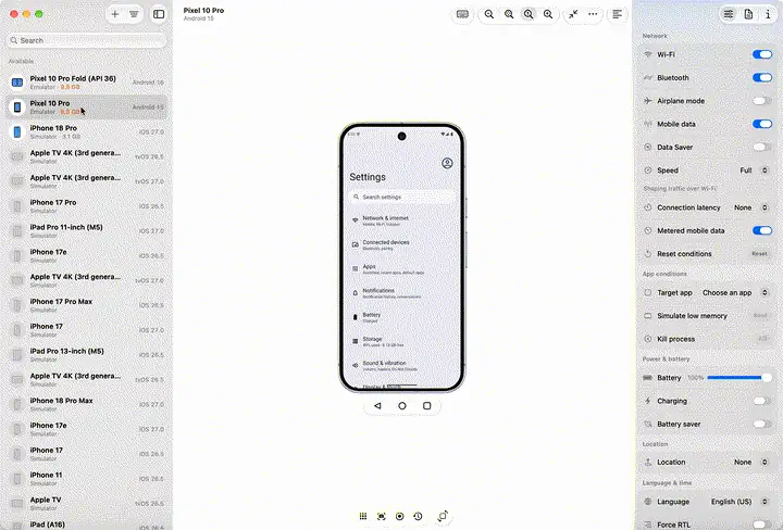 Device Hub Pro demo: switching from a Pixel emulator to an iPhone simulator and turning on dark mode from the Controls panel