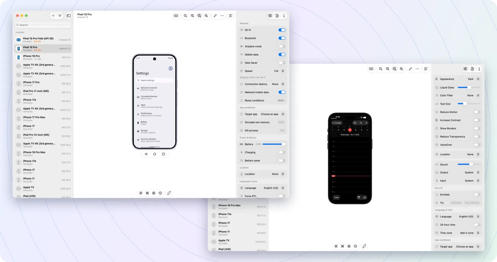 Two Device Hub Pro windows: a Pixel emulator with the Controls panel, and an iPhone simulator in dark mode