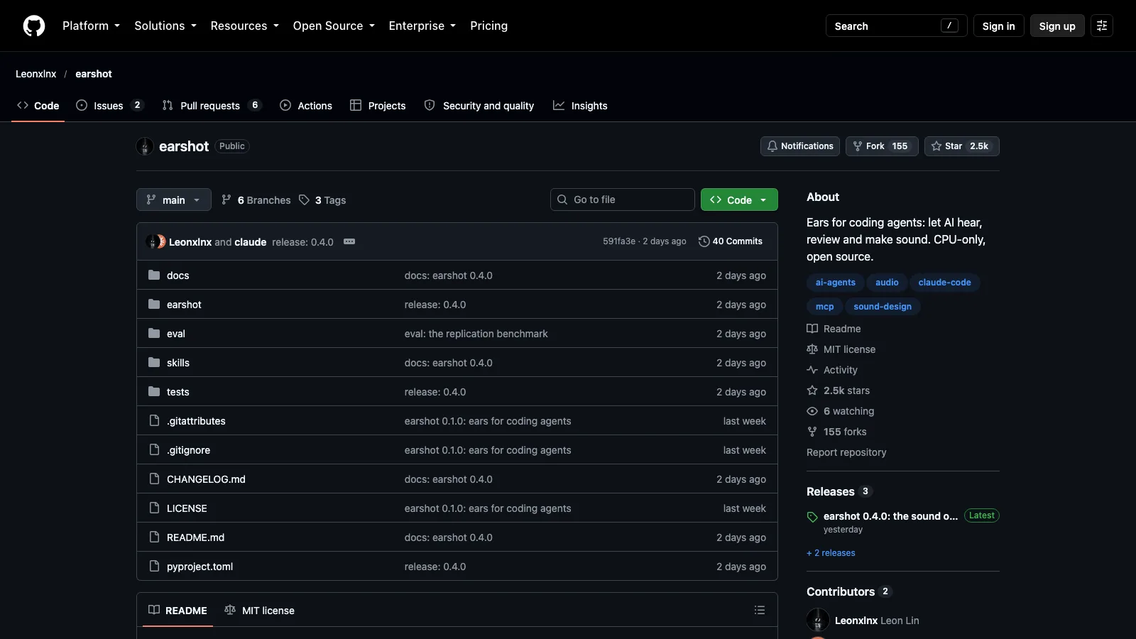 Screenshot of the earshot GitHub repository page (generated with headless Chrome): the repo name, description and 2.5k star count