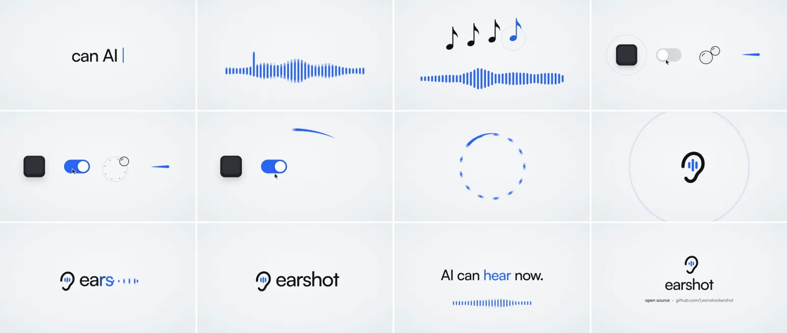 Frames from the earshot launch film: every sound in it was made in code by earshot forge
