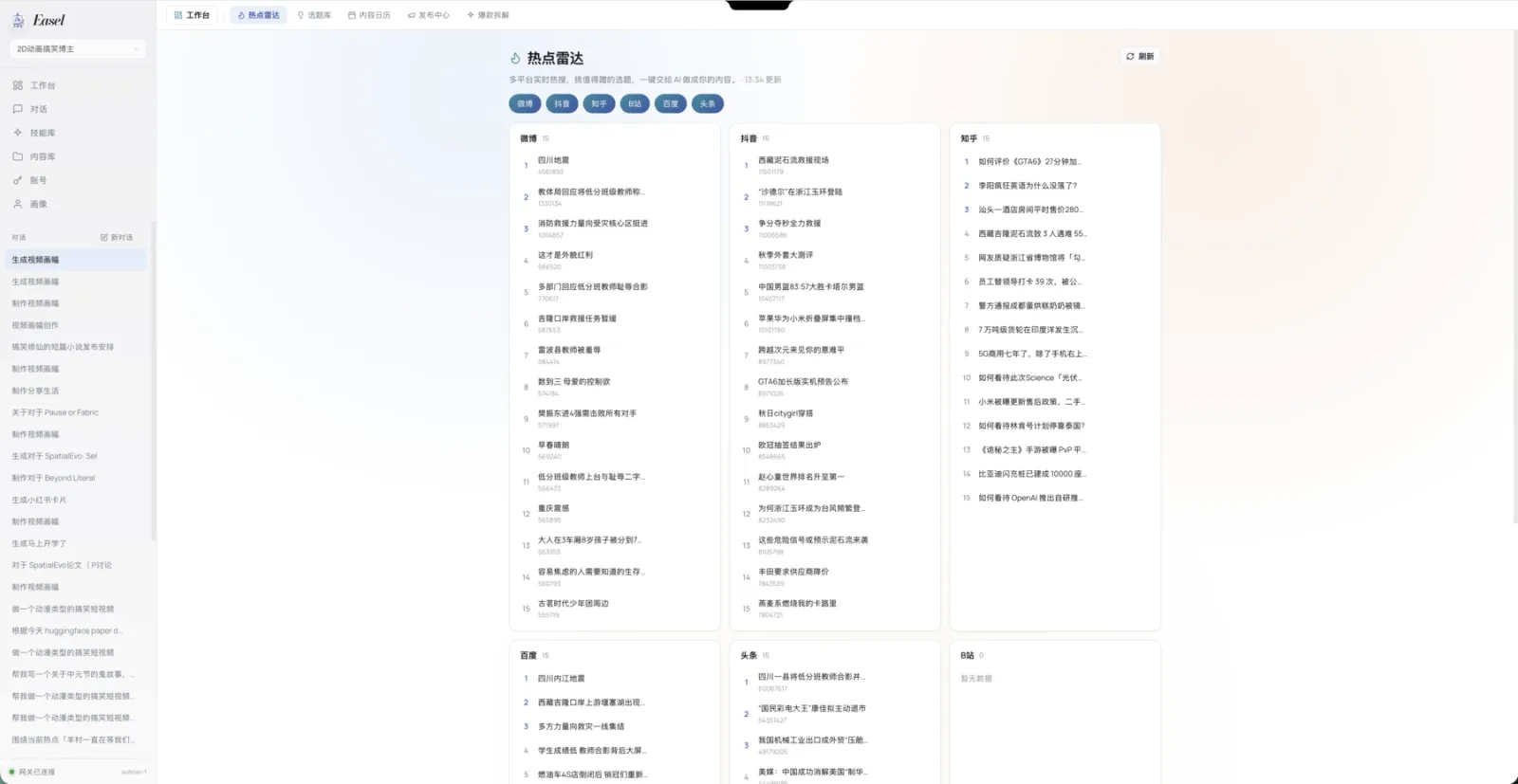 Easel 热点雷达页面，分栏展示微博、抖音、知乎、百度、头条、B 站的热搜榜单