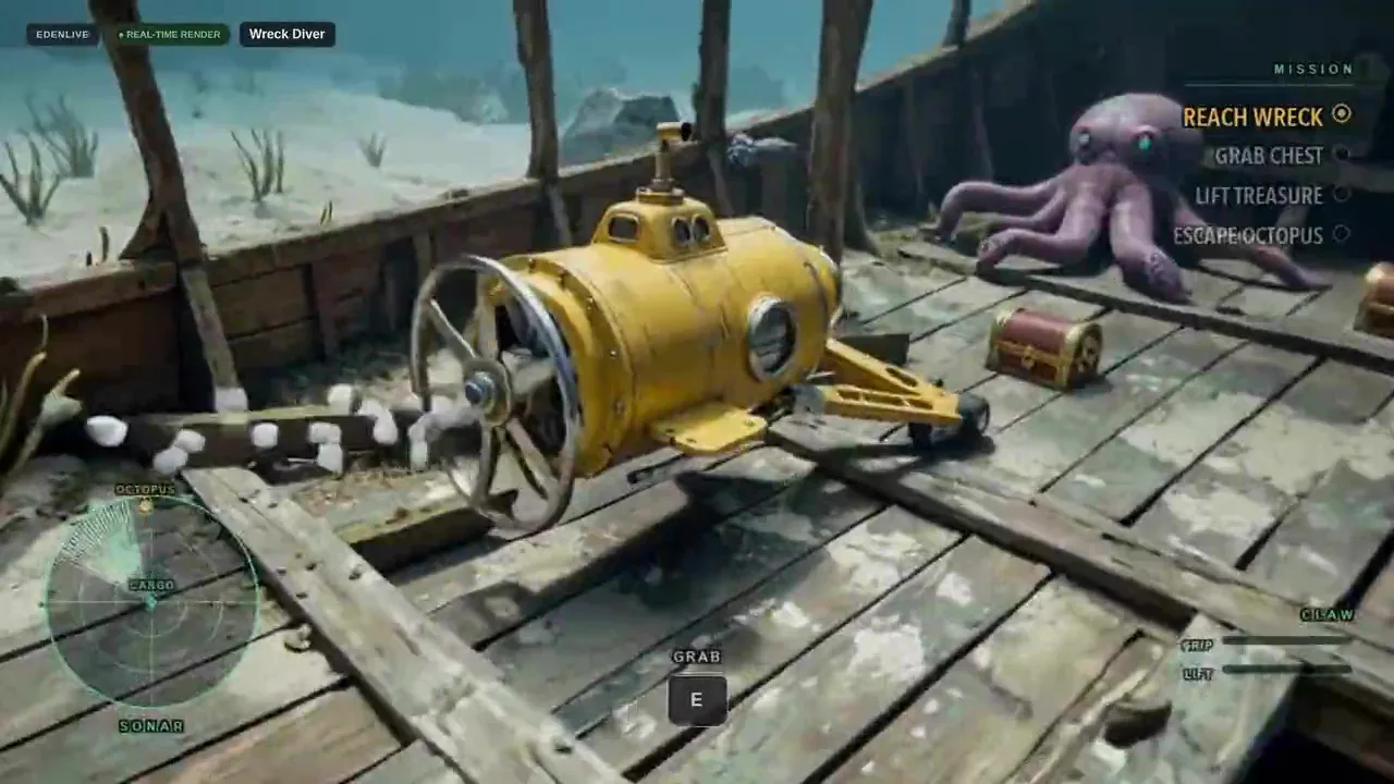 A frame from the EdenLive demo video: an underwater wreck game with EDENLIVE and REAL-TIME RENDER in the corner