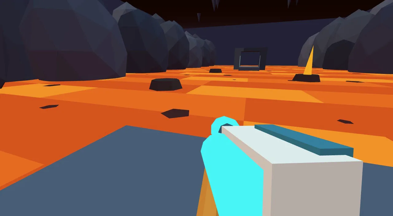 Sample gray-box first frame: low-poly orange ground, dark rocks, a distant arch and a handheld cyan-and-white prop