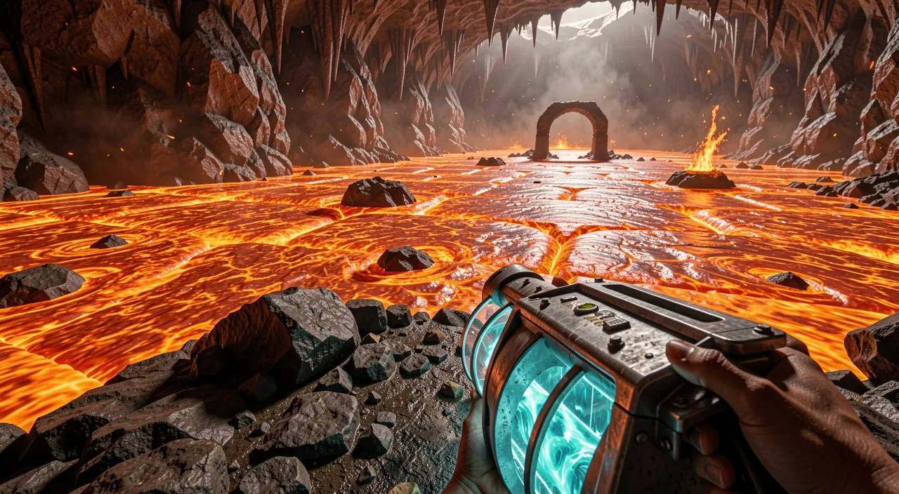 Photoreal target first frame of the same scene: a lava cave with an arch and a hand holding a device with teal panels