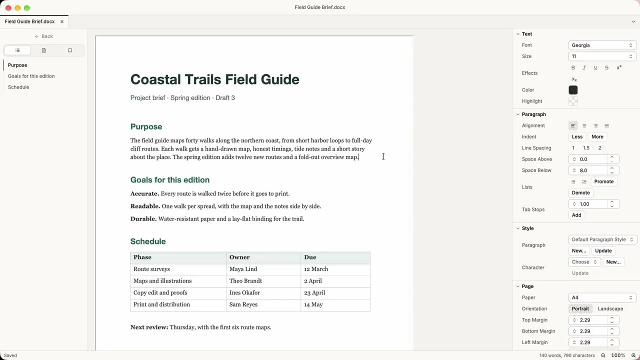 ElyDoc open on Field Guide Brief.docx, with the outline on the left and the font and paragraph panels on the right