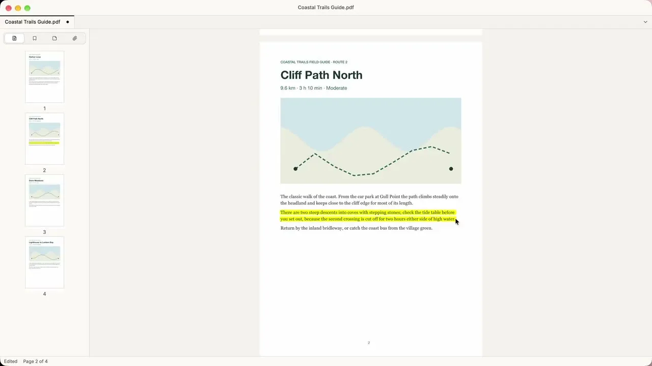 ElyPDF open on Coastal Trails Guide.pdf, with four page thumbnails on the left and one body sentence highlighted in yellow