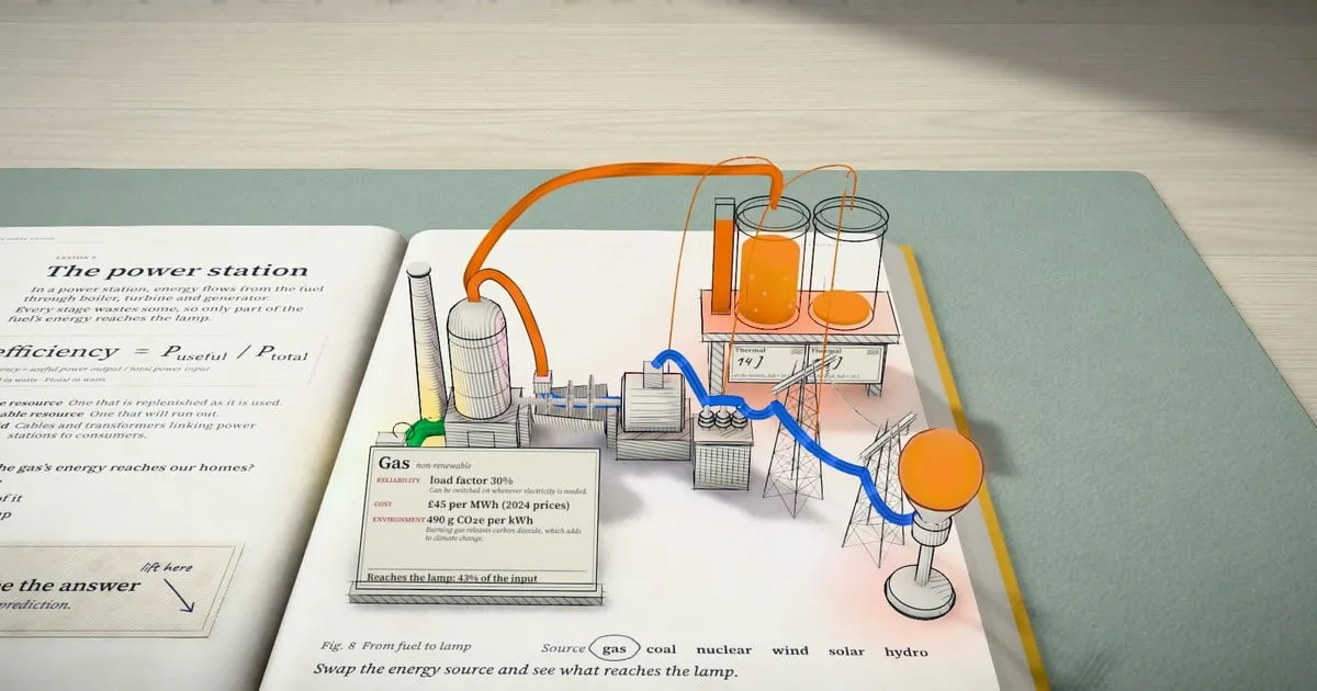 A spread of the Every Joule 3D book: an ink-drawn power station model rises off the open pages, orange energy pipes running from the boiler to the buildings