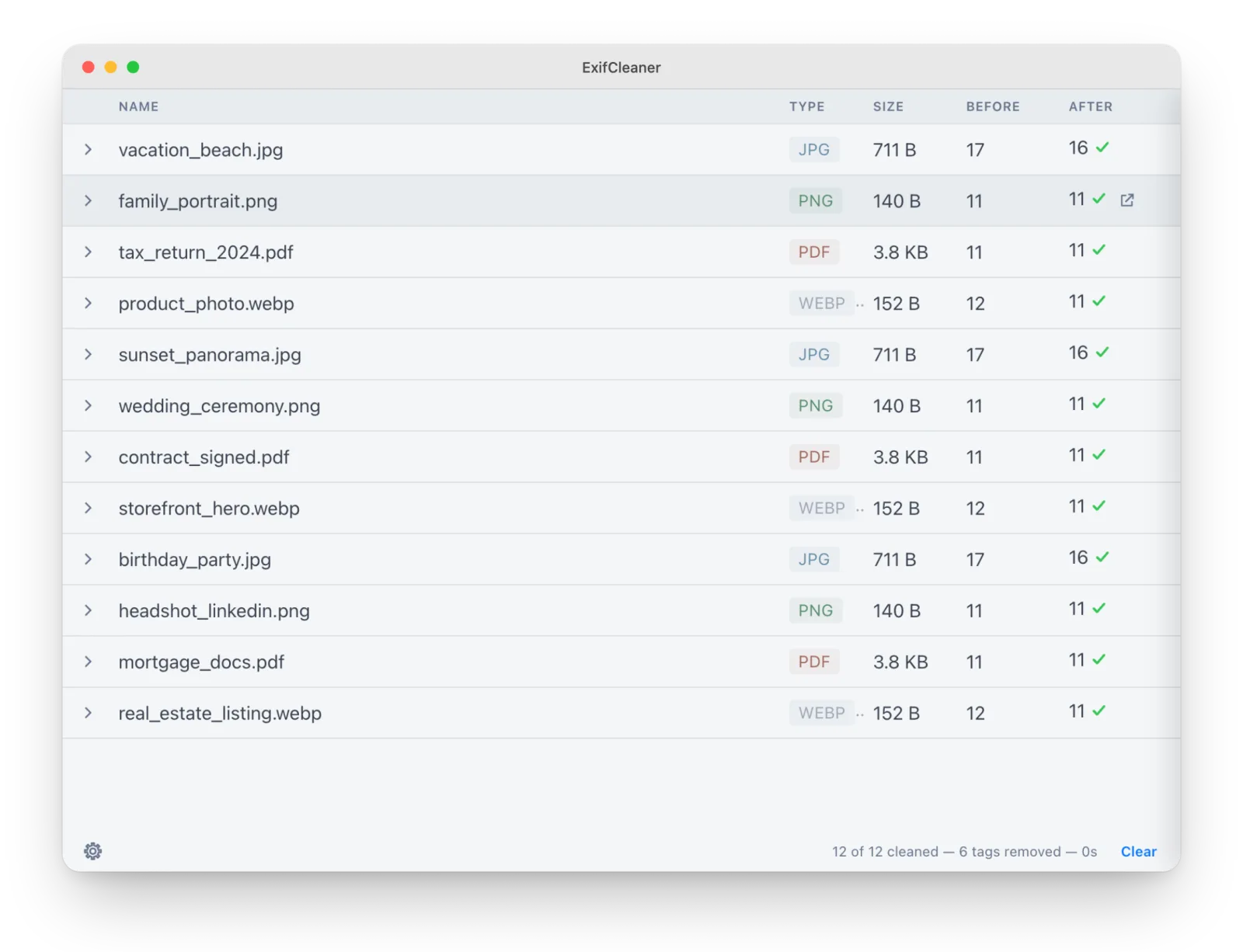 ExifCleaner main window: a file list with each row showing name, type, size and the tag count before and after cleaning