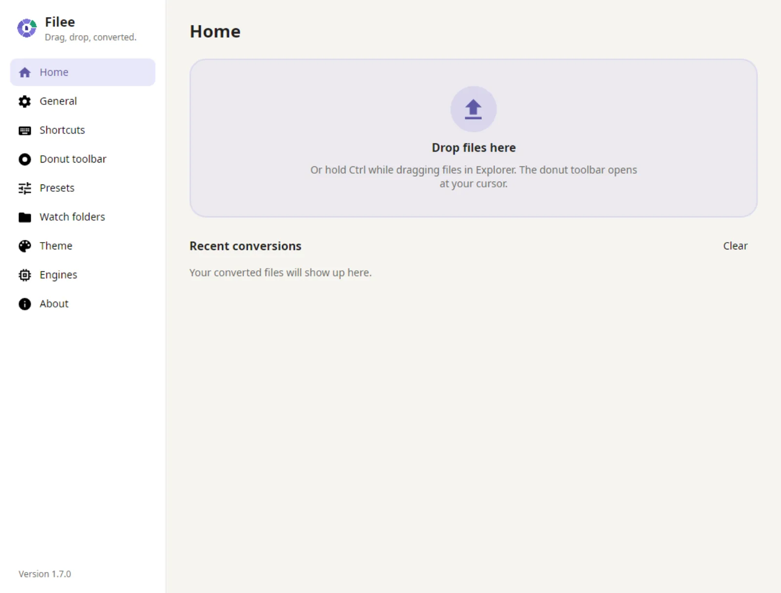 Filee main window: a conversion history list with thumbnails, each entry openable or openable with another app