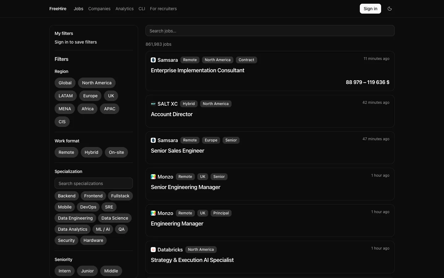 freehire's faceted search: filter columns for region, work format, specialization and seniority on the left, postings with company names on the right