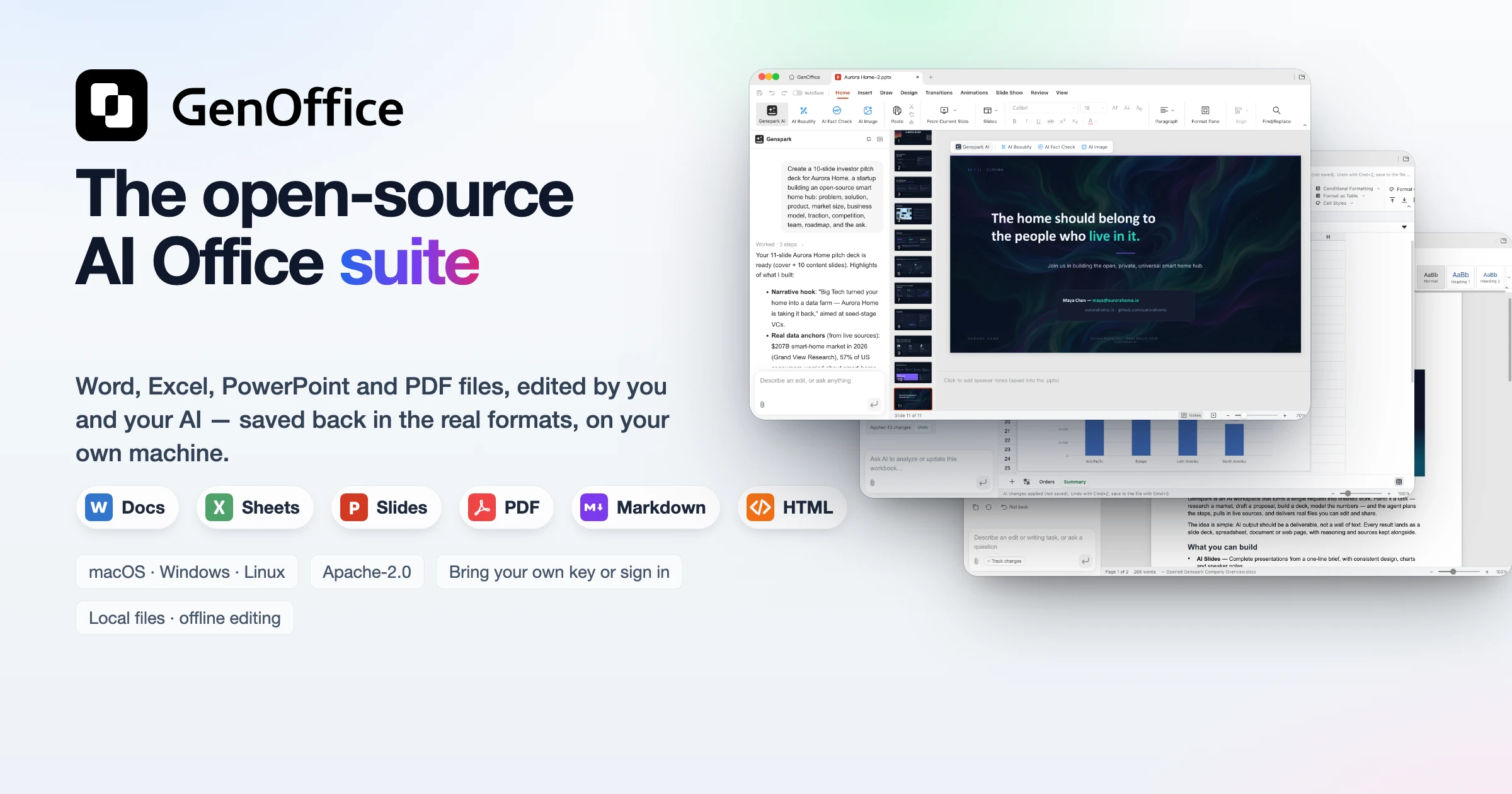 The GenOffice shell: Docs, Sheets, Slides, PDF, Markdown and HTML editors share one AI panel
