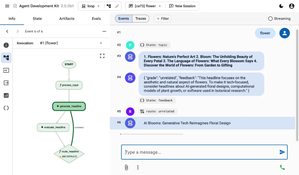 The ADK Web dev UI: the workflow graph on the left, the agent’s event stream, state changes and eval results on the right