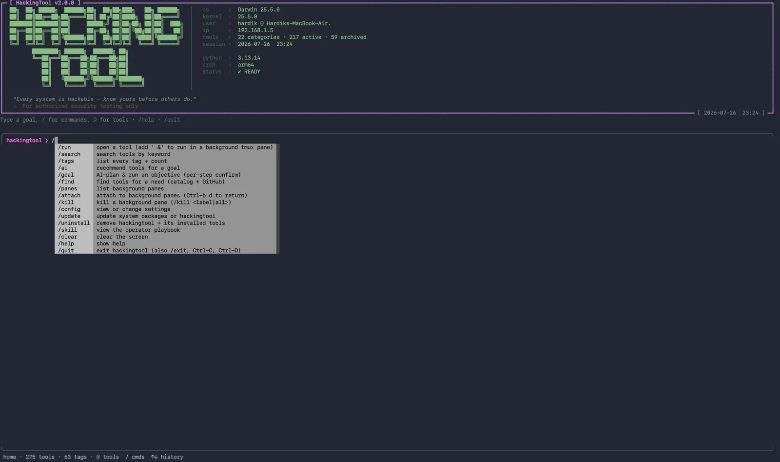hackingtool on launch: banner, live system readout, and the / command palette