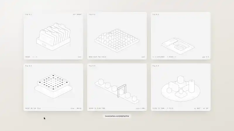 hairline demo: card tray, pillar field, exploded window, dot matrix, conveyor belt and turntable figures reacting to the pointer