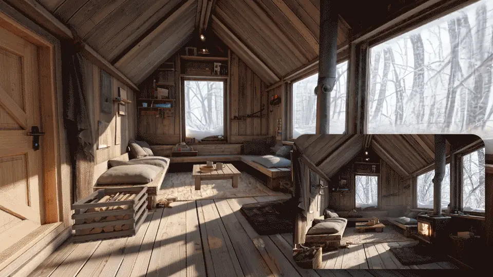 image-blaster demo: a wooden-cabin interior generated from one photo, walkable in 3D