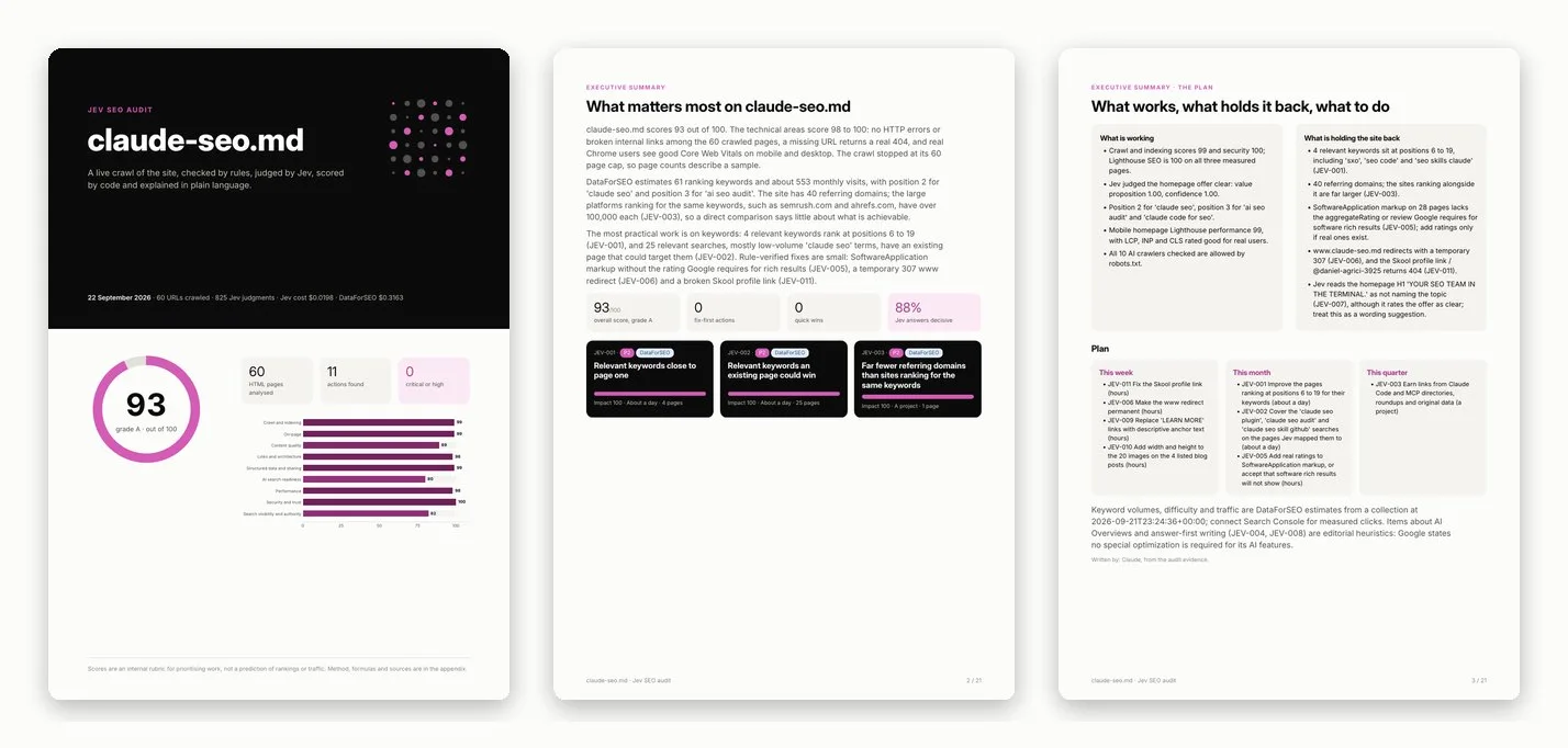 A jev-seo PDF report: cover, executive summary and priority plan pages