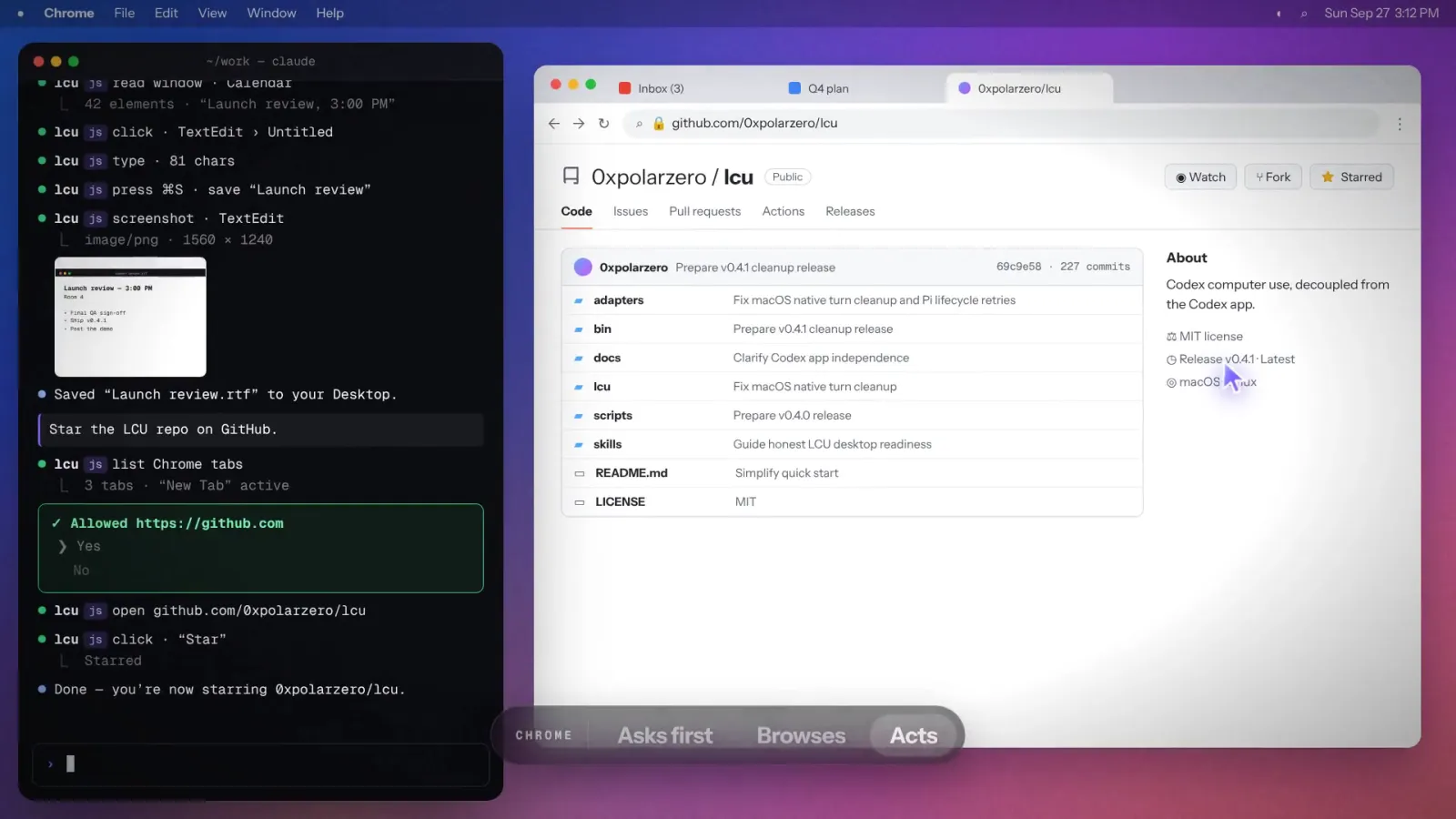LCU demo: the agent reads a Calendar window and types launch-review notes into TextEdit