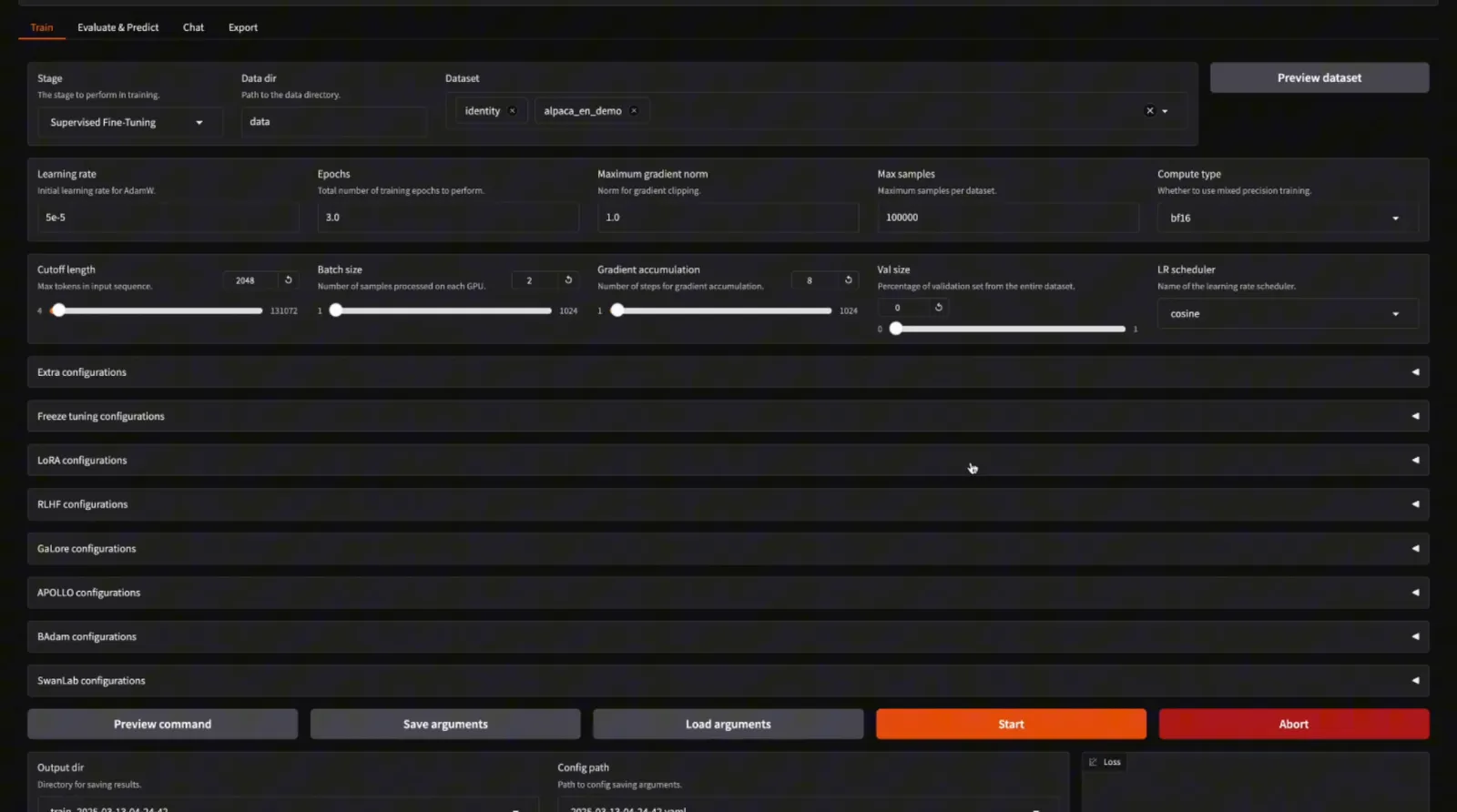 LlamaFactory’s web UI: the Train tab with dataset selection, learning rate and epochs, plus LoRA, GaLore and APOLLO configuration sections below