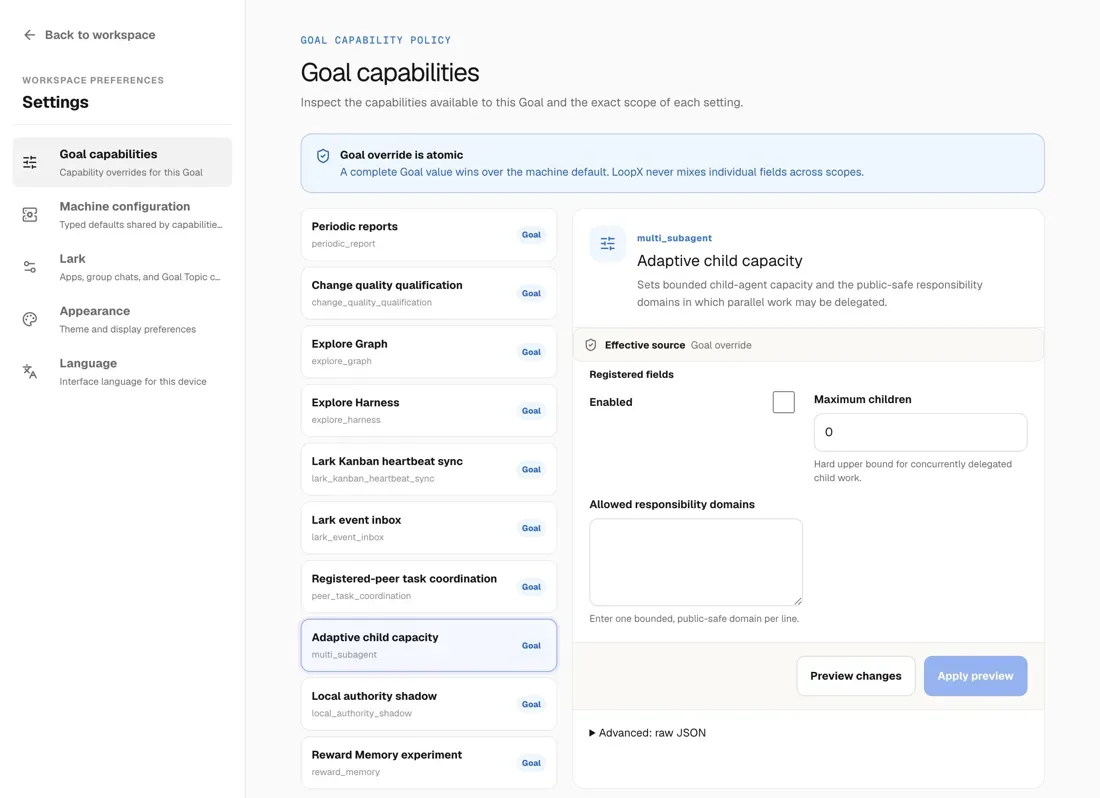 LoopX Goal capabilities settings page: maximum concurrent child agents and allowed responsibility domains, with changes previewed before they apply