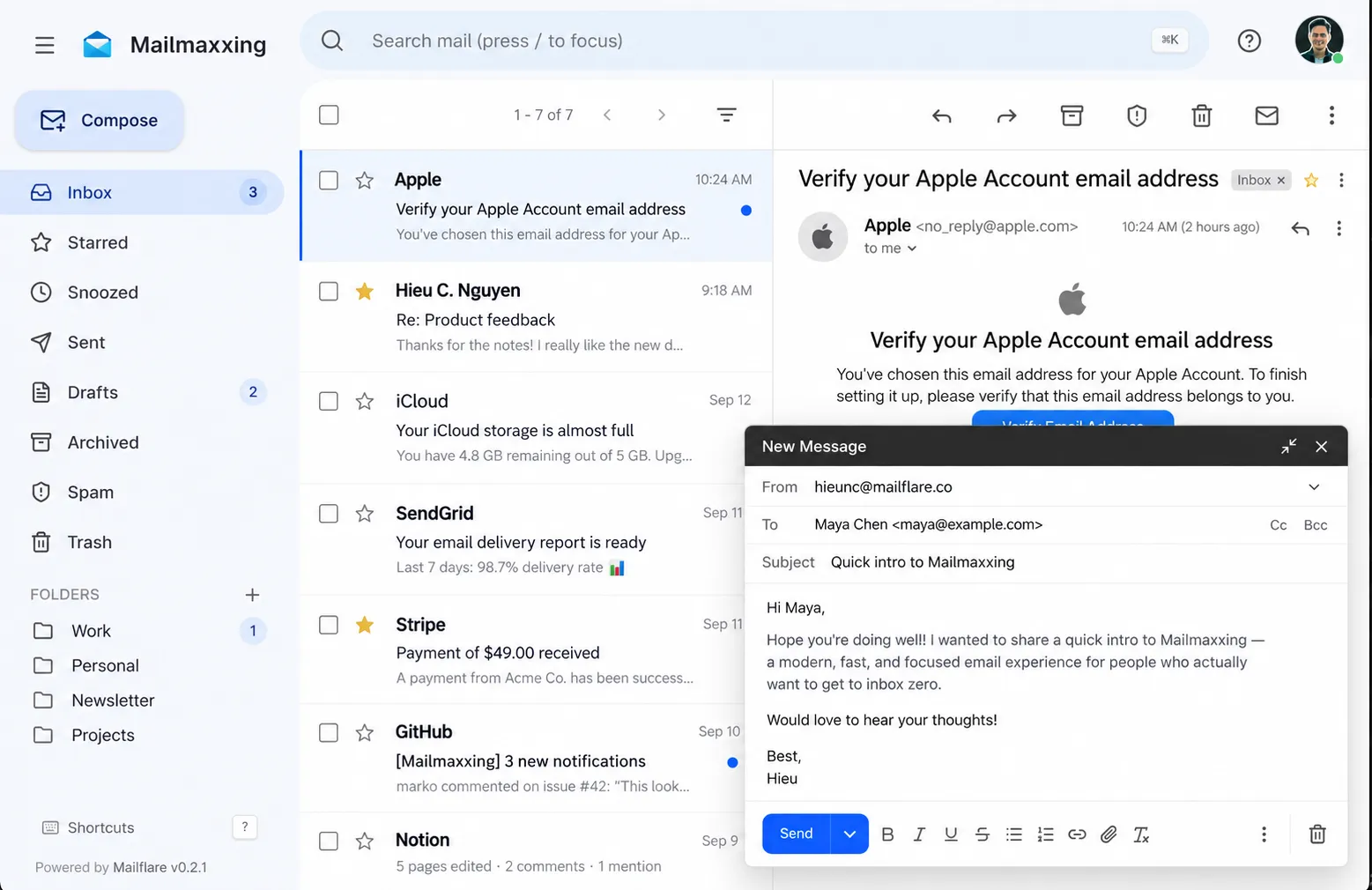 Mailflare inbox: folders, starred and snoozed views on the left, the message list in the middle, a rich-text compose window open on the right