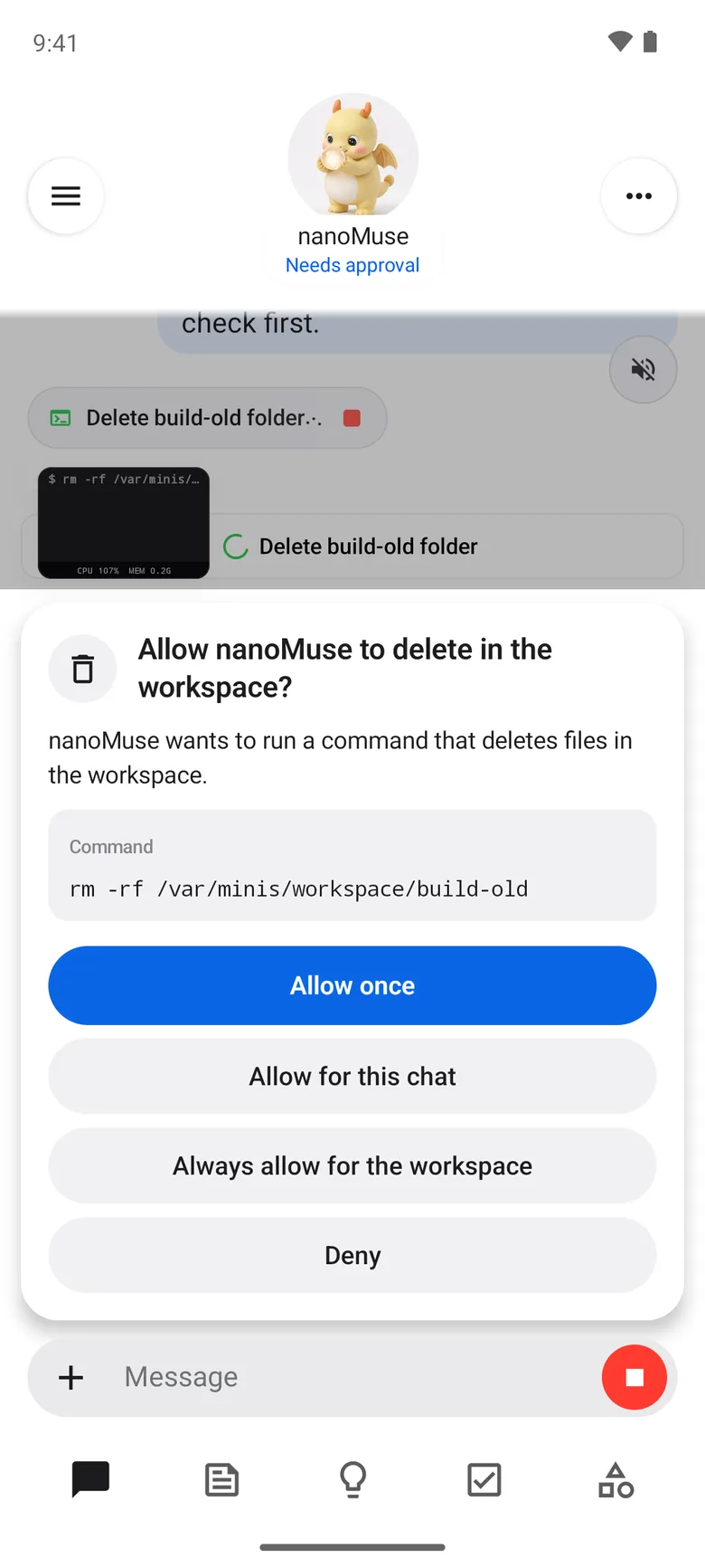 nanoMuse Android 版的确认卡片：智能体要删除工作区里的 build-old 文件夹，可选只允许一次、本会话允许、一直允许或拒绝