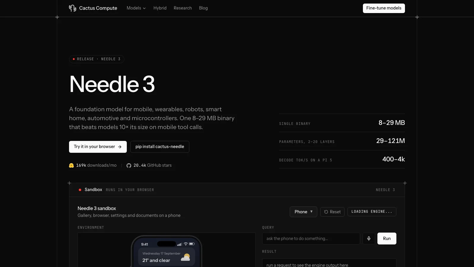Needle 3 官网演示页截图(headless Chrome 生成):上方是 8-29 MB 单二进制与 29-121M 参数的规格,下方是浏览器沙盒
