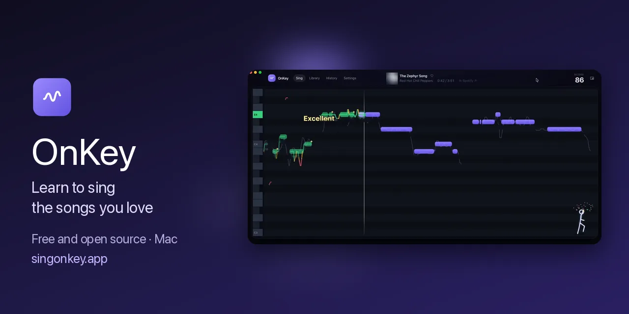 OnKey landing page: the app icon and tagline on a deep purple background, next to an app window with purple note bars scrolling toward a playhead and green pitch lines drawn over them