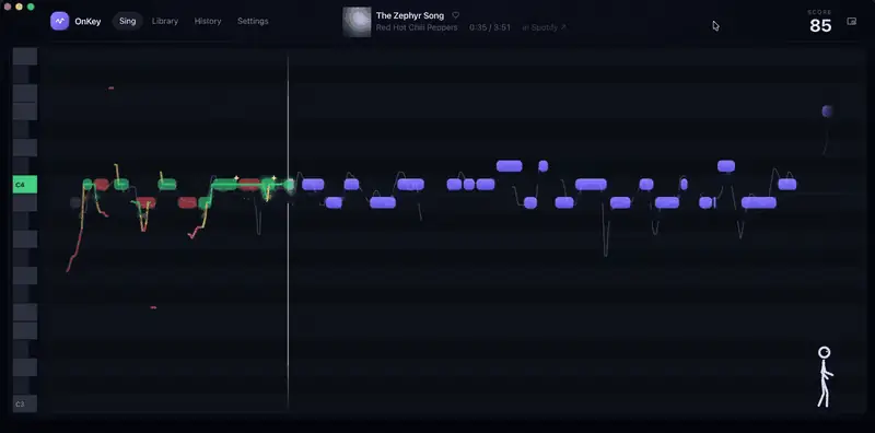 OnKey's singing view: note bars scroll toward the playhead while the singer's pitch is drawn live over them, turning green when on pitch