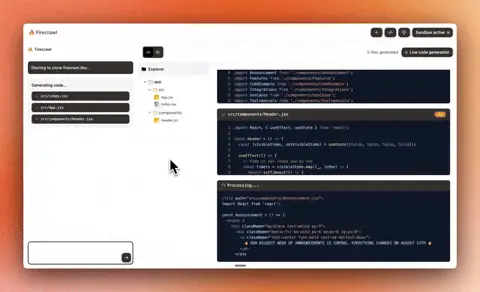 Open Lovable cloning firecrawl.dev: the left panel lists each generated React component file, code streams in on the right, and the cloned homepage renders in the sandbox at the end
