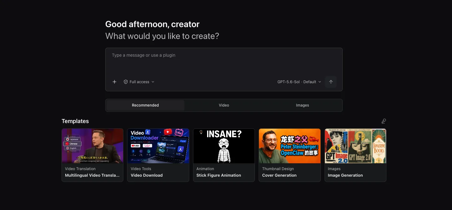 The OpenCreator agent workspace home: a conversation composer with creation templates