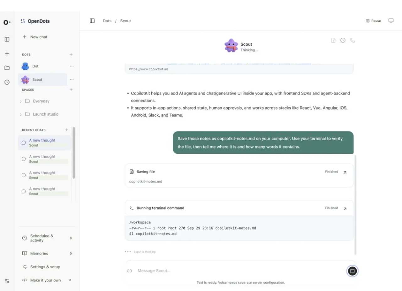 The OpenDots UI: asking Scout in chat to save notes as a file and verify it in the terminal, with the Saving file and Running terminal command cards showing live results